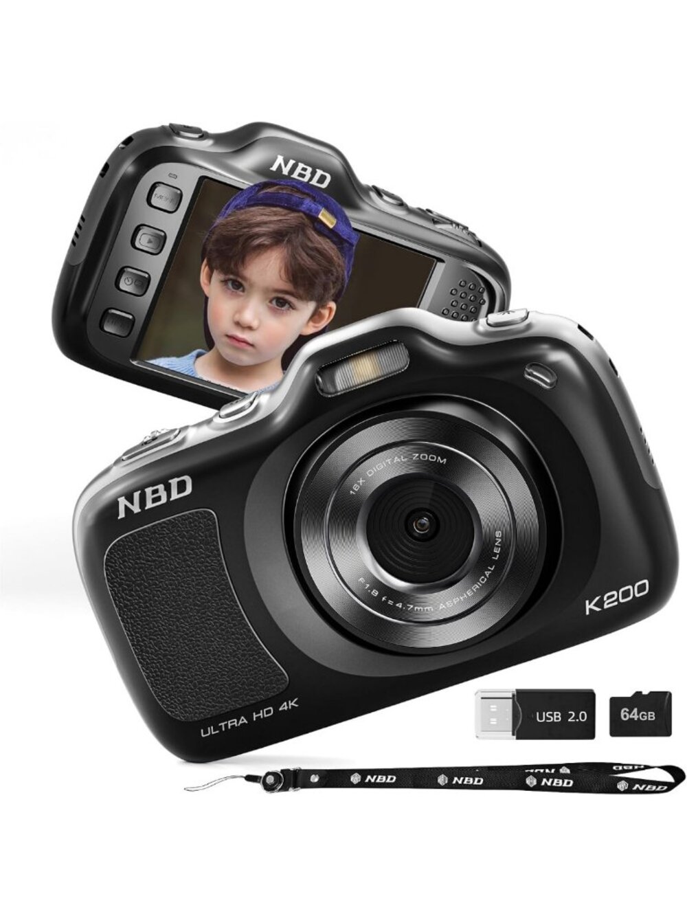 64MP 4K Digital Camera for Photography, 16X Zoom Compact Travel Camera, Auto